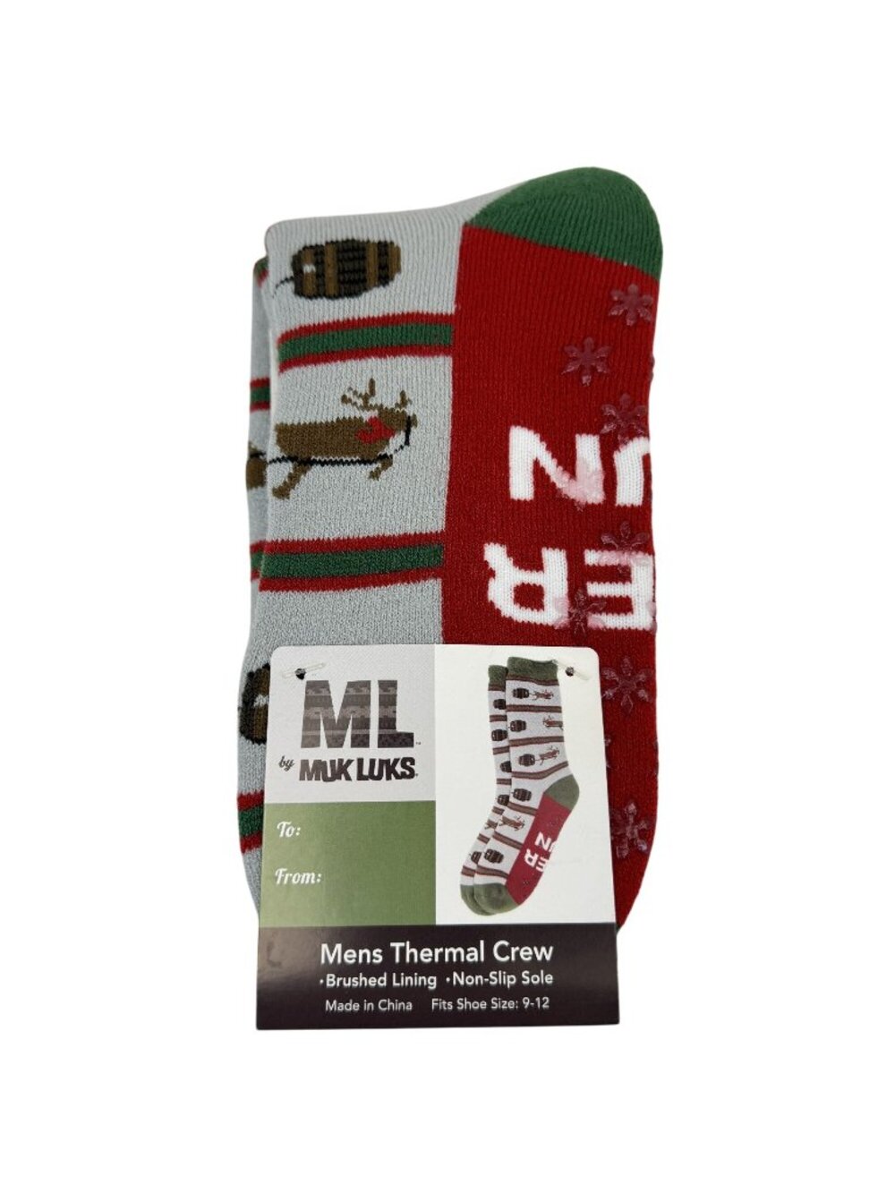 Muk Luks Thermal Crew Socks Mens 9-12 Beer Run Brushed Lining Non-Slip Holiday